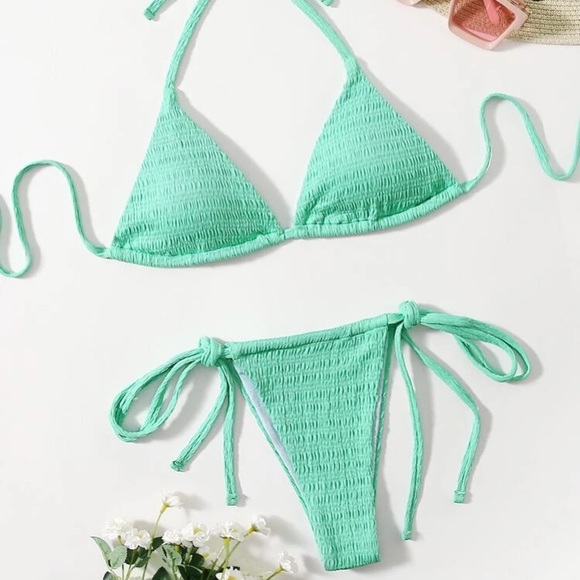 Blue Ribbed Triangle Halter Bikini - Picture 1 of 4
